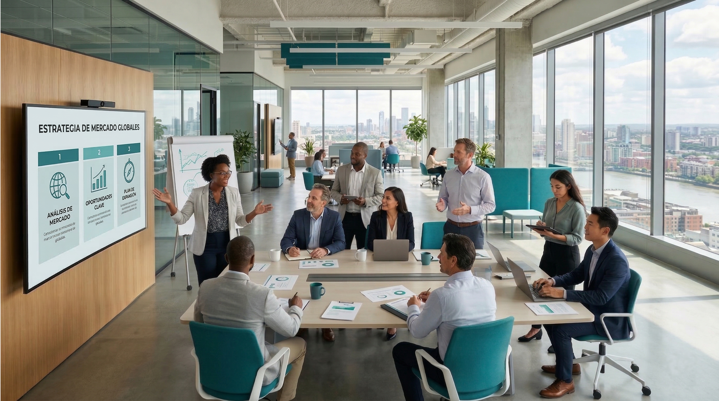 Personal corporativo utilizando la plataforma IA de Aprexx en una oficina moderna